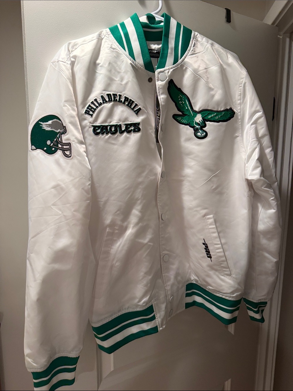 White and Green Satin Bomber Jacket - Philadelphia Eagles Style
